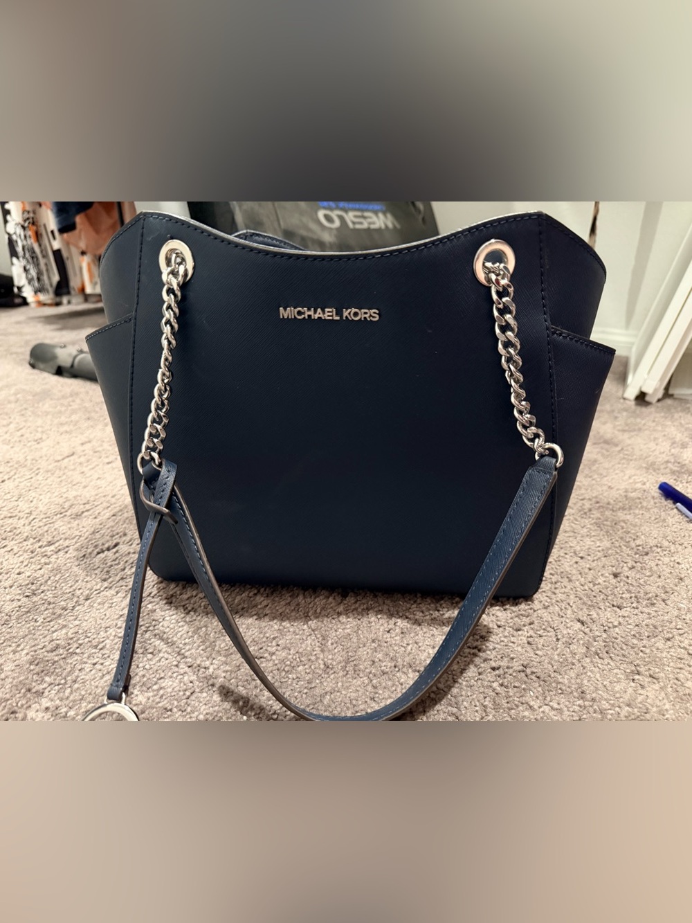 Michael Kors Navy Leather Shoulder Bag with Gold Chain Handles